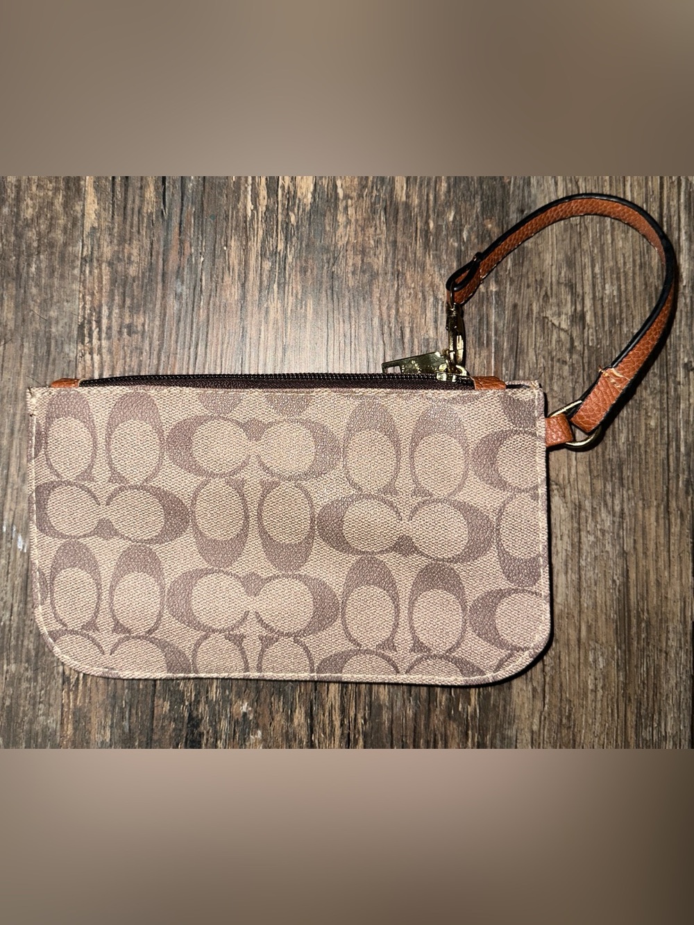 Coach Beige and Brown Signature Canvas Wristlet
